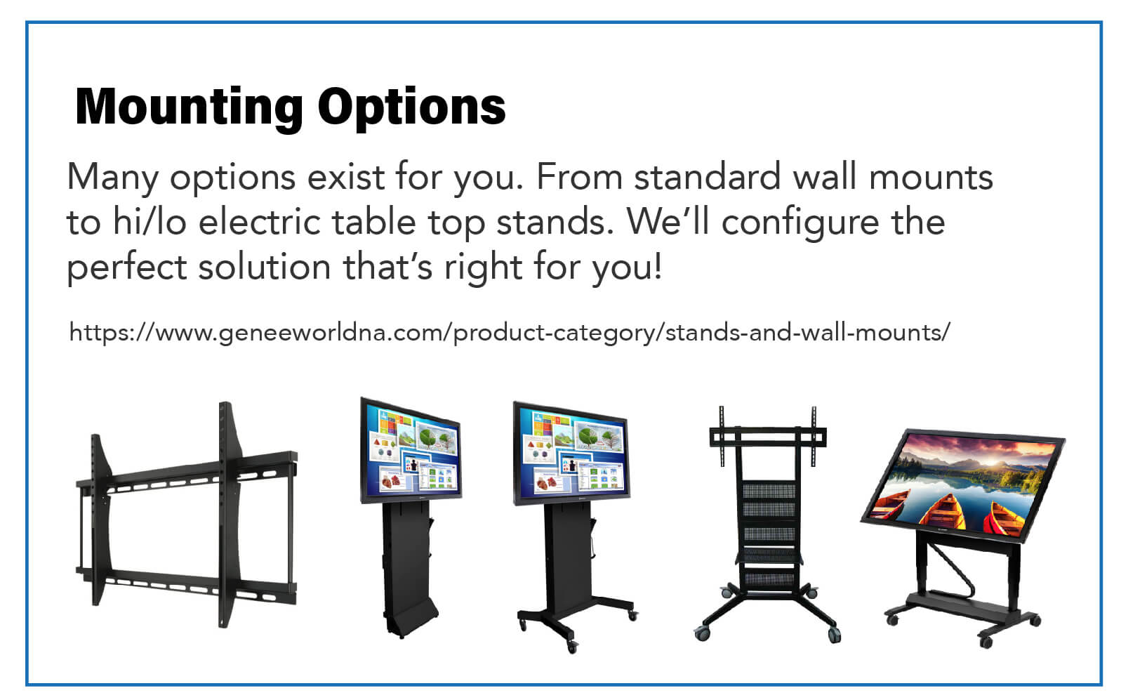 Mounting Options: Many options exist for you.  From standard wall mounts to hi/lo electric table top stands. We'll configure the perfect solution that's right for you!